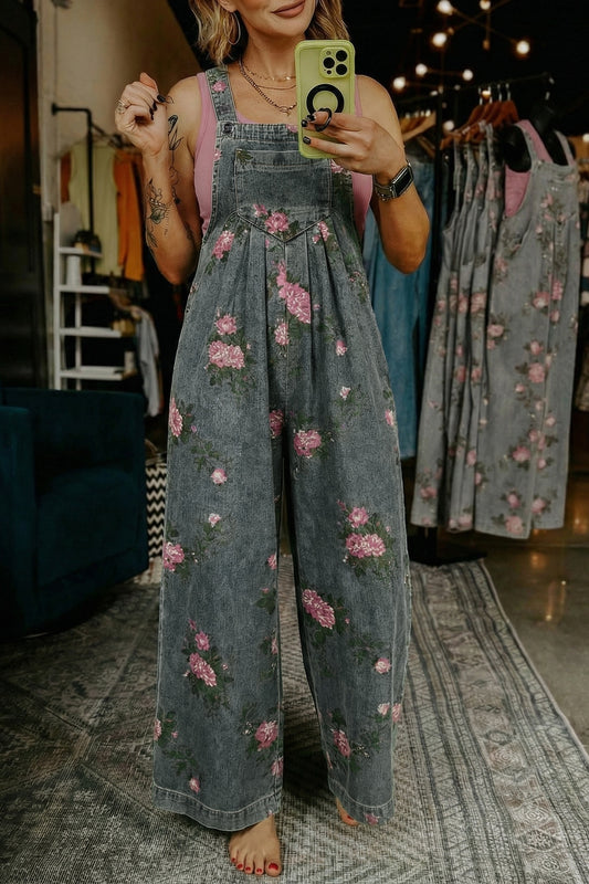 Gray Floral Print Pleated High Waist Wide Leg Denim Jumpsuit