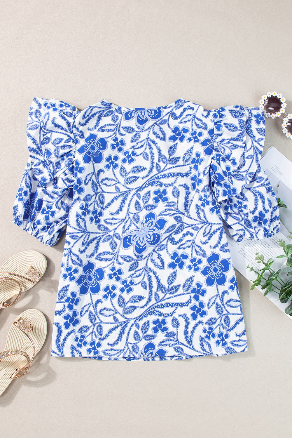 Blue Floral Bubble Sleeve Top