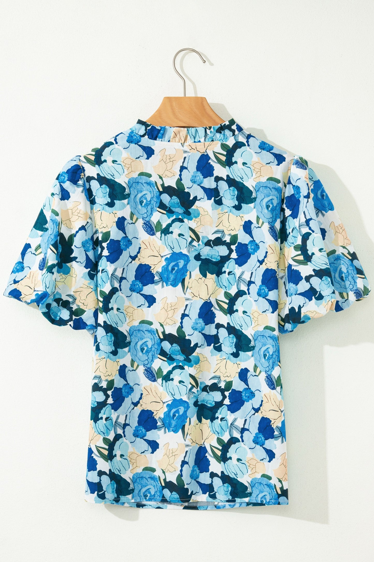 Beige Floral Print Contrasted Frilled Striped Trim Short Sleeve