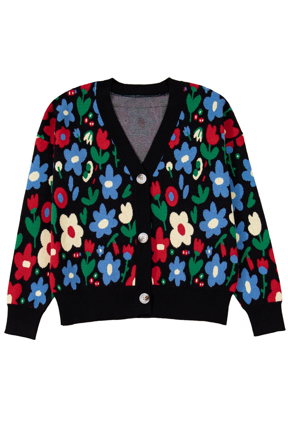 Black Floral Print V Neck Buttoned Short Cardigan Sweater