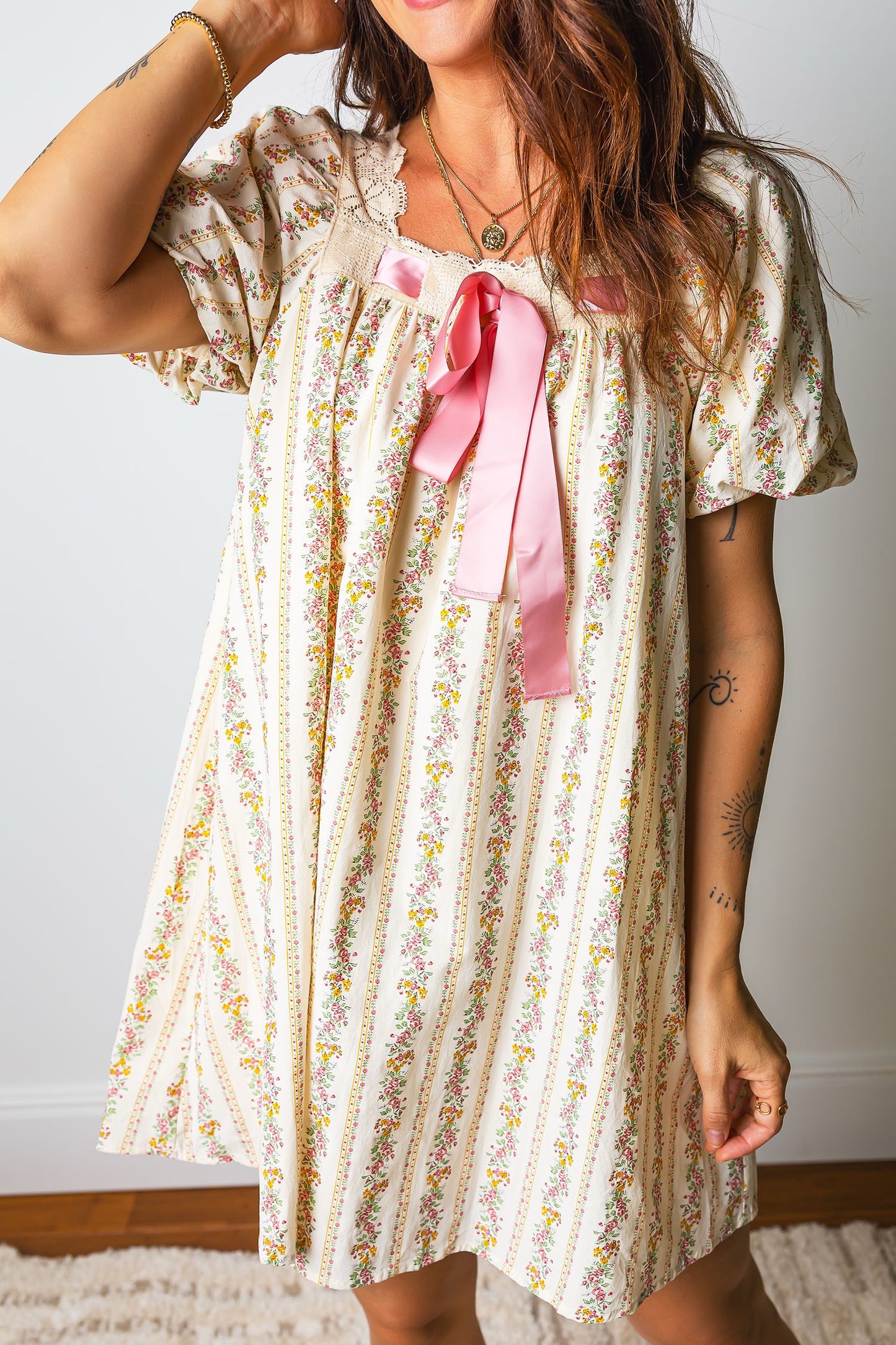 Floral Print Contrast Ribbon Bow Lace Trim Square Neck Dress