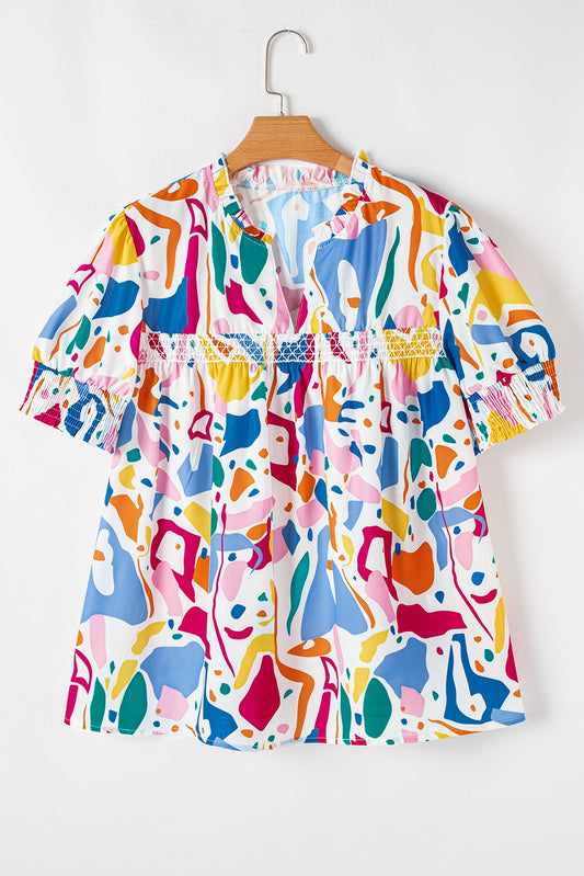 White Abstract Print Shirred Cuff Puff Sleeve Plus