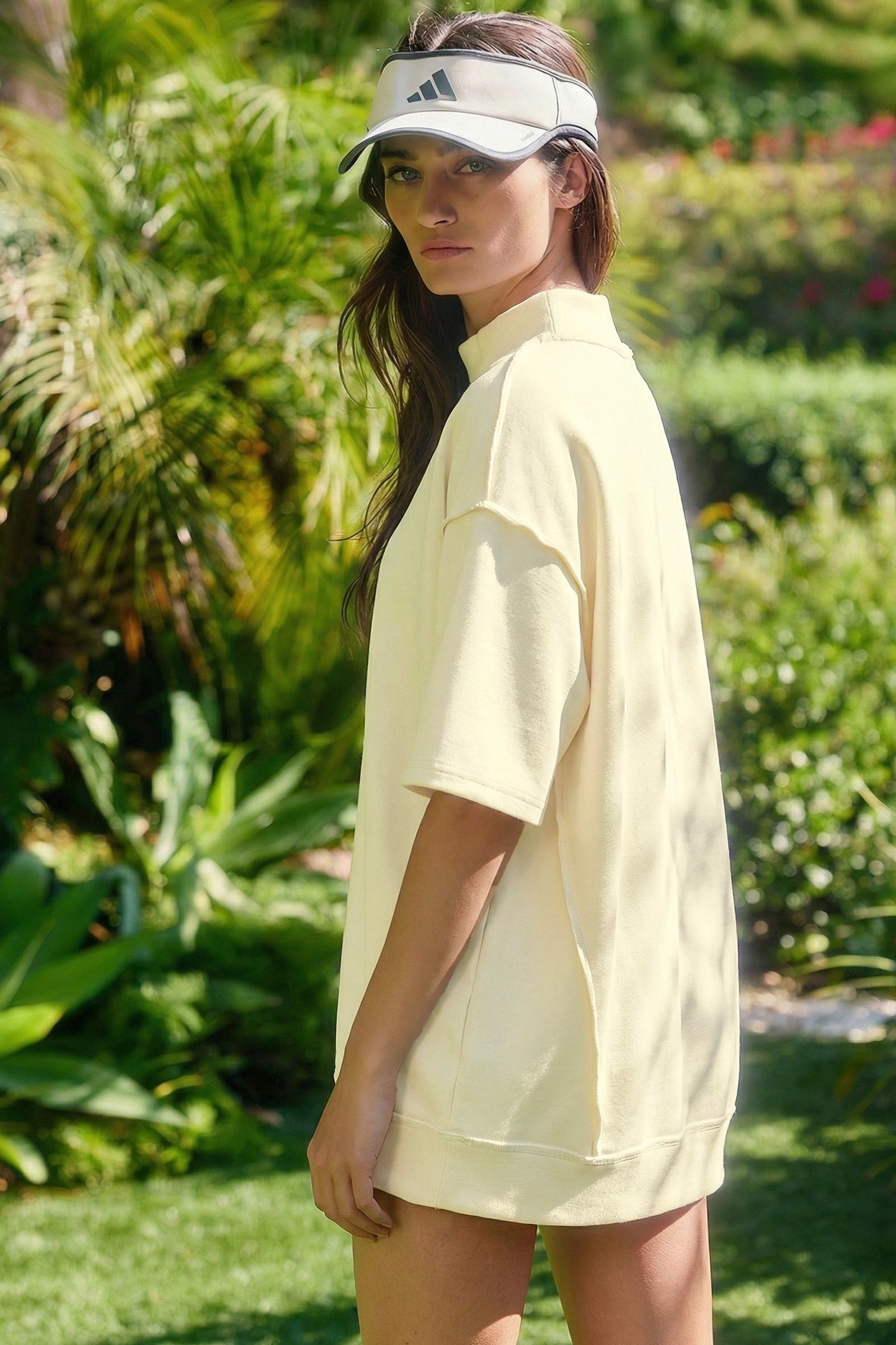 Yellow Cream Solid Color Exposed Seam Mock Neck Oversize Tee Casual Shorts 2pcs Set