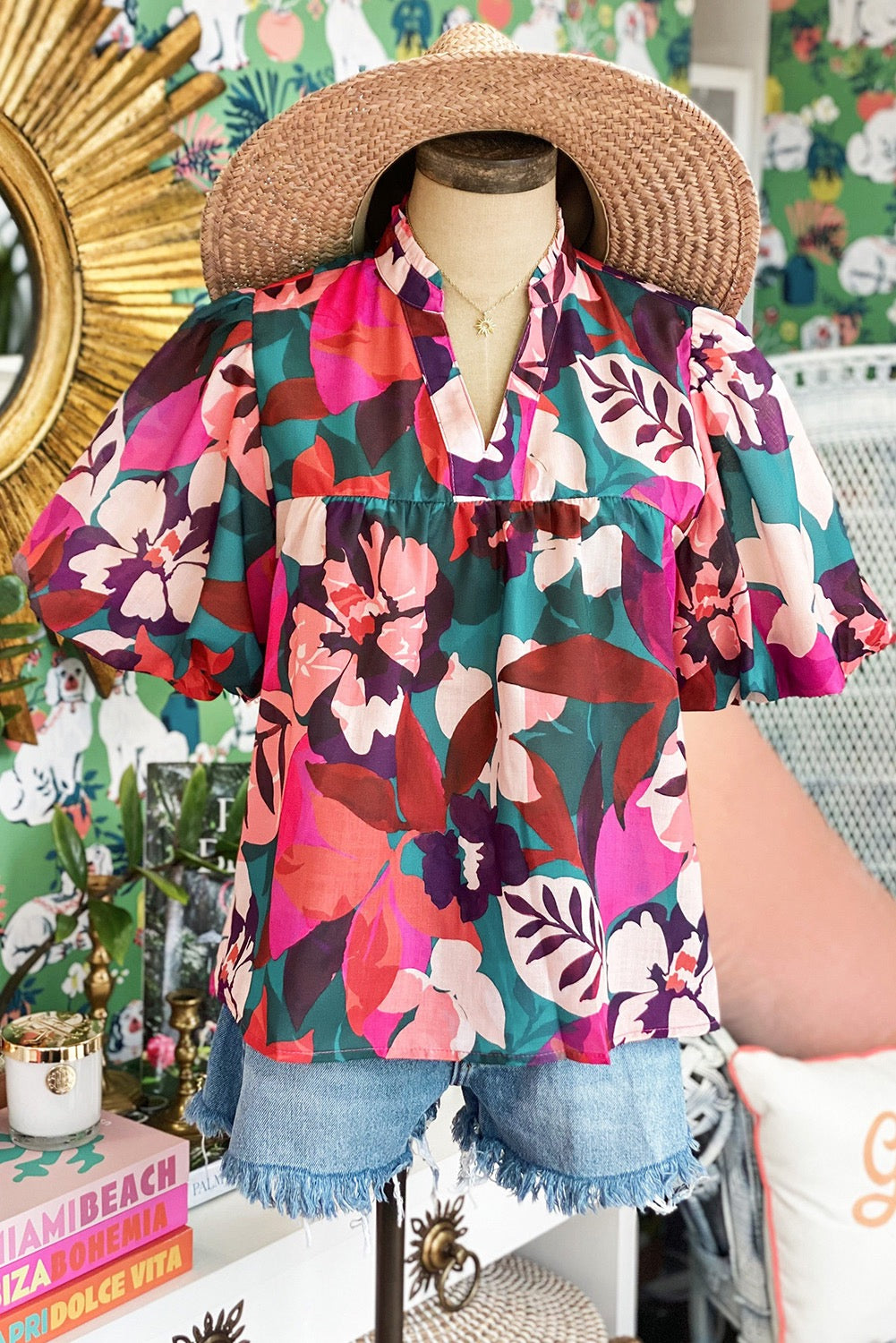 Red Floral Notched V Blouse
