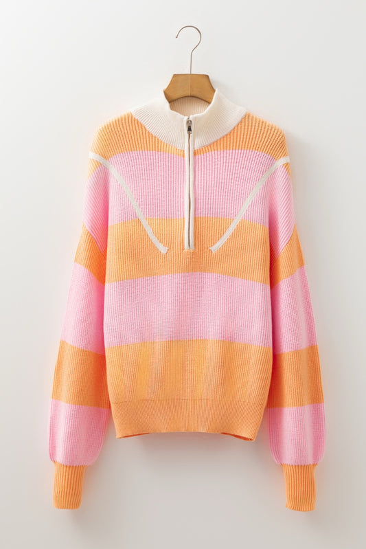 Orange Stripe Half Zip Oversize Sweater