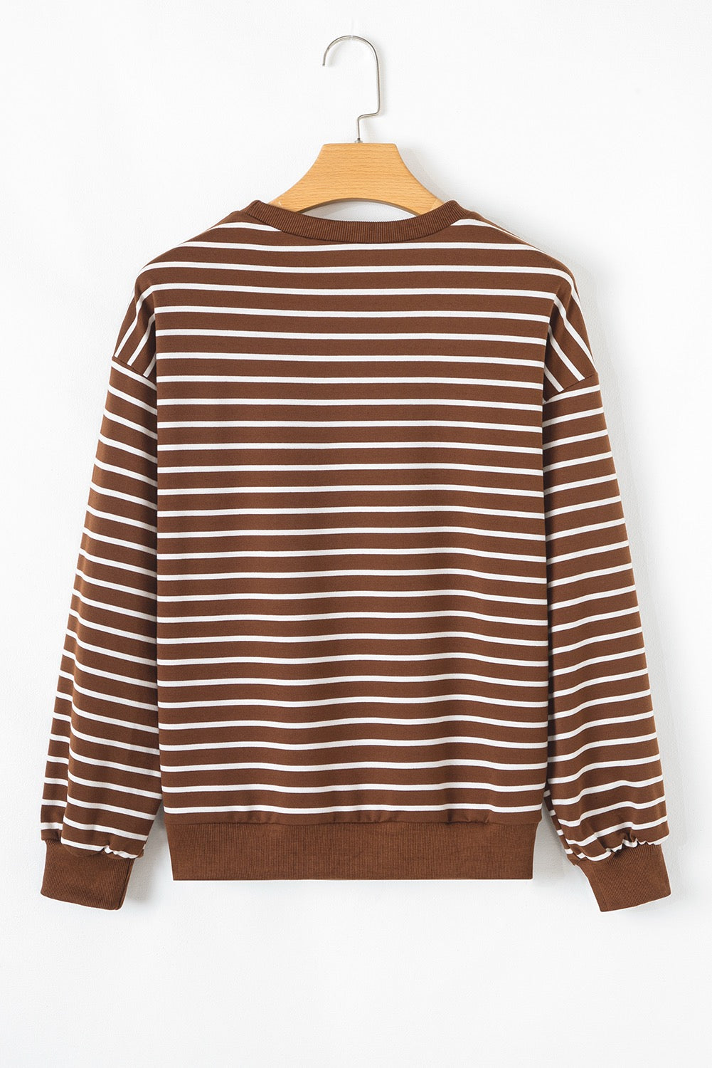 Coffee Striped Long Sleeve Round Neck Loose Fit Tee