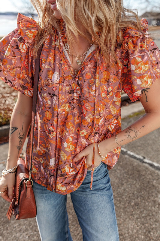 Orange Floral Flutter Sleeve Blouse