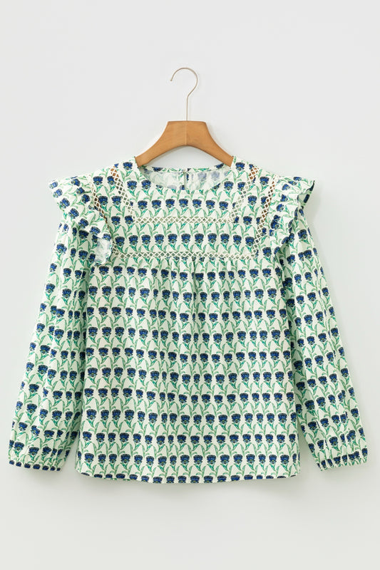 Block Print, Green Floral Print, Lace Detail, Ruffle Trim, Long Sleeve Blouse