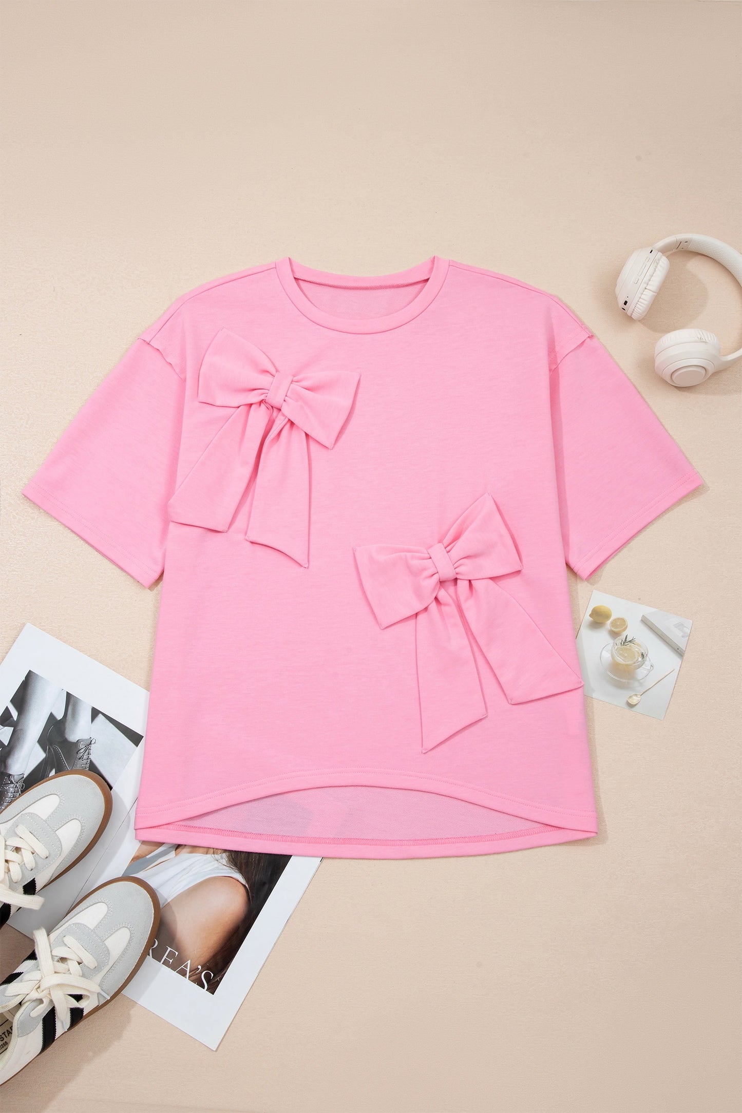 Pink Solid Color Raw Edge Bow Patch Loose Shirt