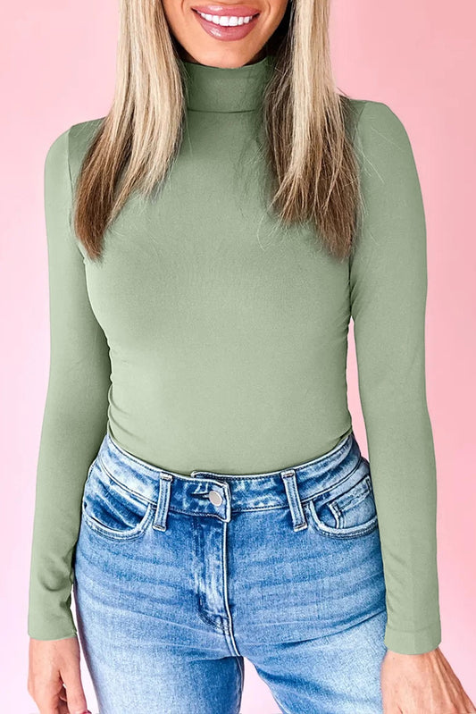 Green Slim Fit High Neck Long Sleeve Basic Top
