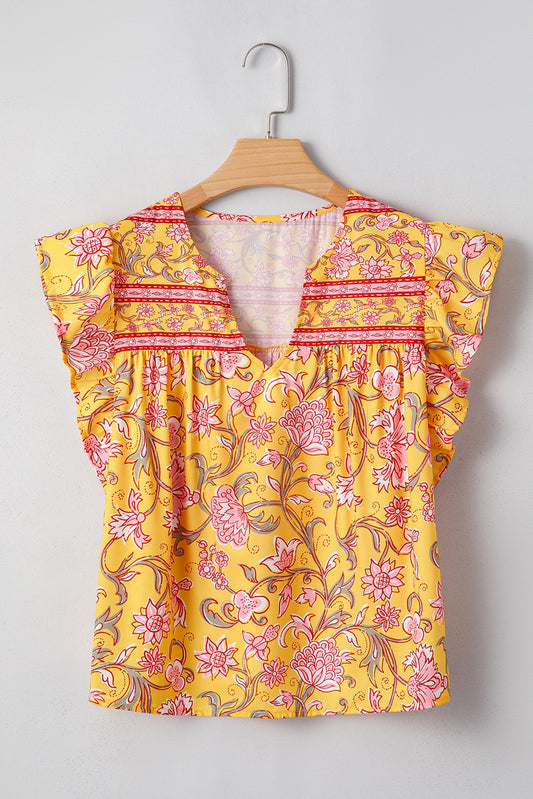 Yellow Floral Notched Neck Ruffled Sleeve Blouse