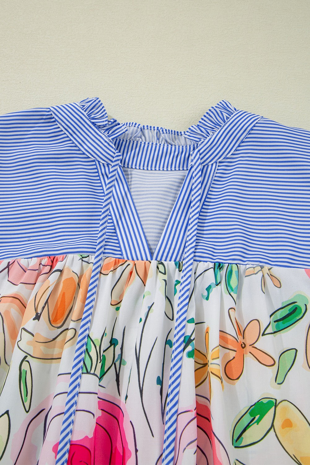 Floral Print Yoke Striped Blouse