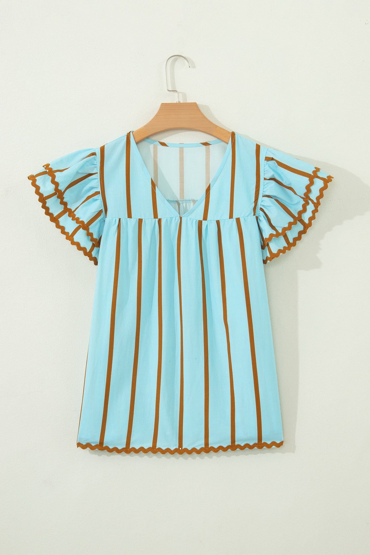 Sky Blue Stripe Ricrac Trim Double Ruffled Short Sleeve V Neck Blouse (ships 5/1)