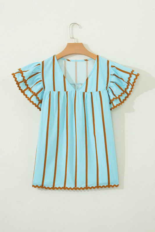 Sky Blue Stripe Ricrac Trim Double Ruffled Short Sleeve V Neck Blouse (ships 5/1)