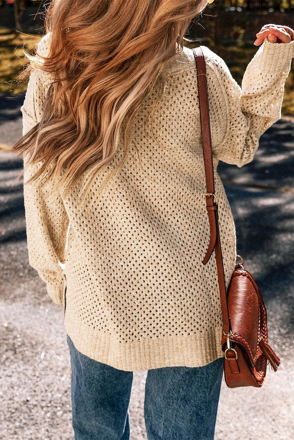 Beige Eyelet Loose Fit Sweater