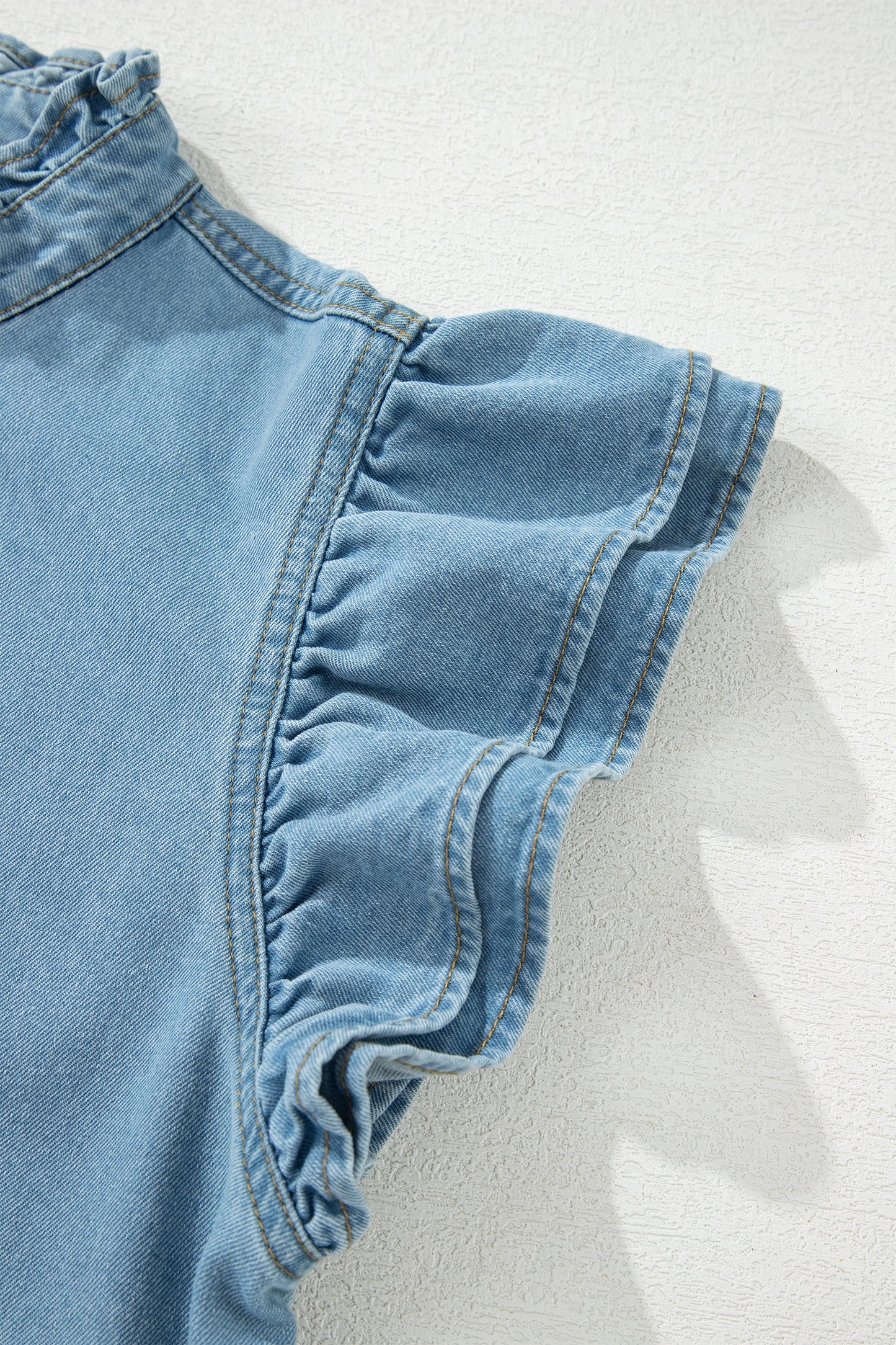 Blue Button Square Neck Short Puff Sleeve Denim Mini Dress