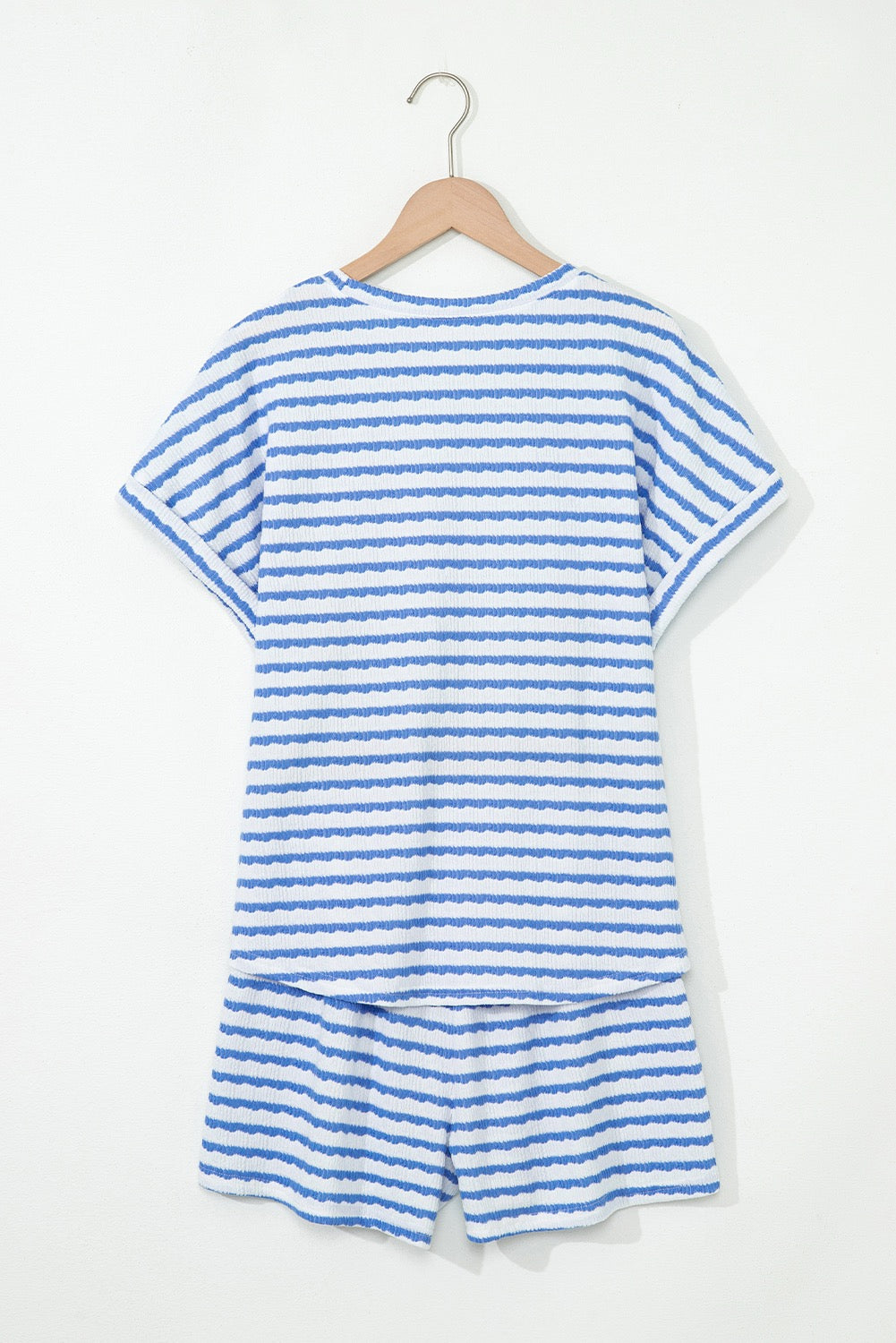 Blue Stripe Knitted Short Sleeve Top and Drawstring Shorts Set