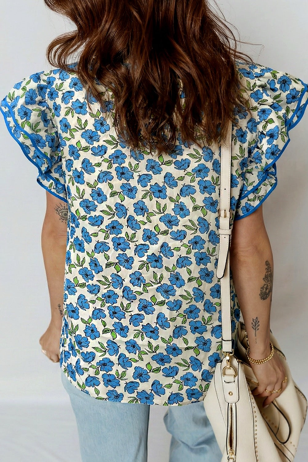 Sky Blue Tiered Flutter Sleeve Pleated Blouse