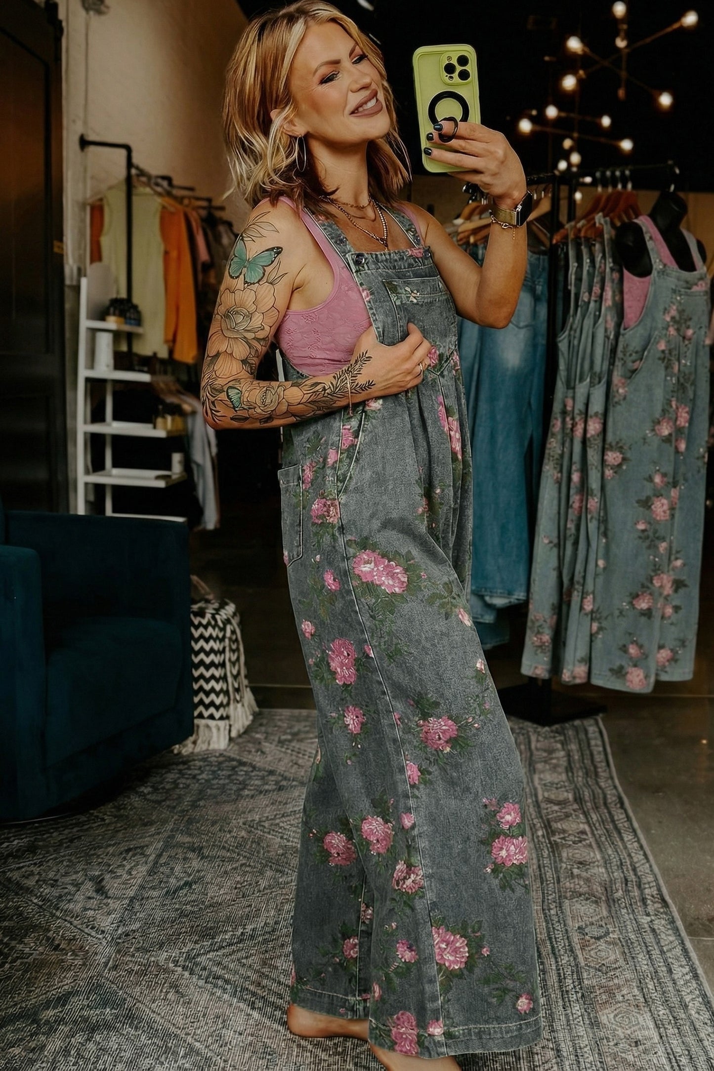 Gray Floral Print Pleated High Waist Wide Leg Denim Jumpsuit