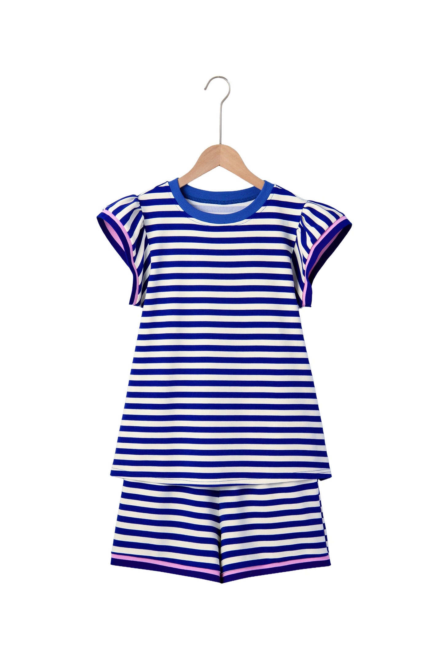 Blue Stripe Contrast Trim Cap Sleeve Top Casual Shorts 2pcs Set