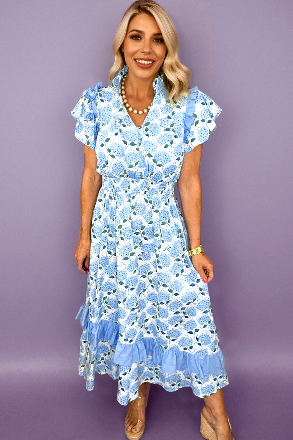Blue Hydrangea Floral Print Ruffle Trim Flutter Sleeve Maxi