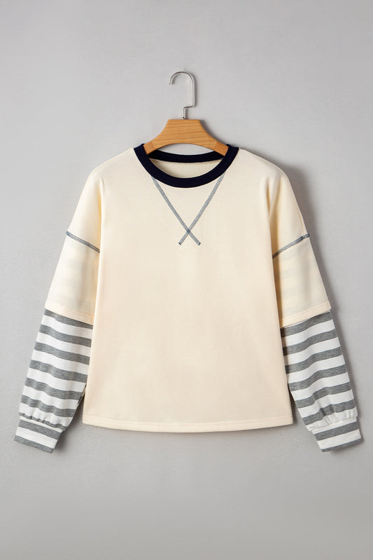 Beige Striped Patchwork Long Sleeve Round Neck Two-in-one Top
