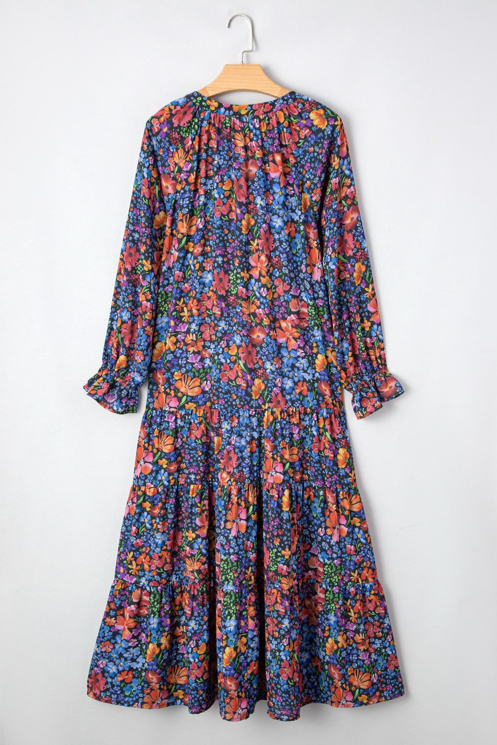 Blue Floral Print Tassel Tie V Neck Long Sleeve Flowy Dress