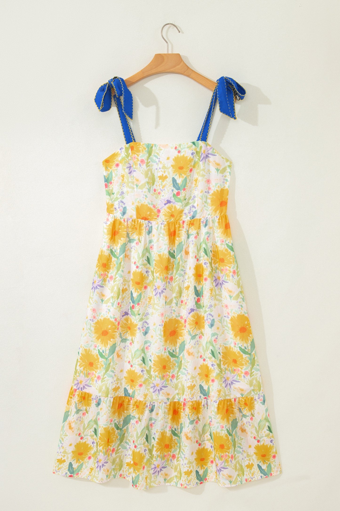 Yellow Floral Print Contrast Stitched Knot Denim Straps High Waist Dress