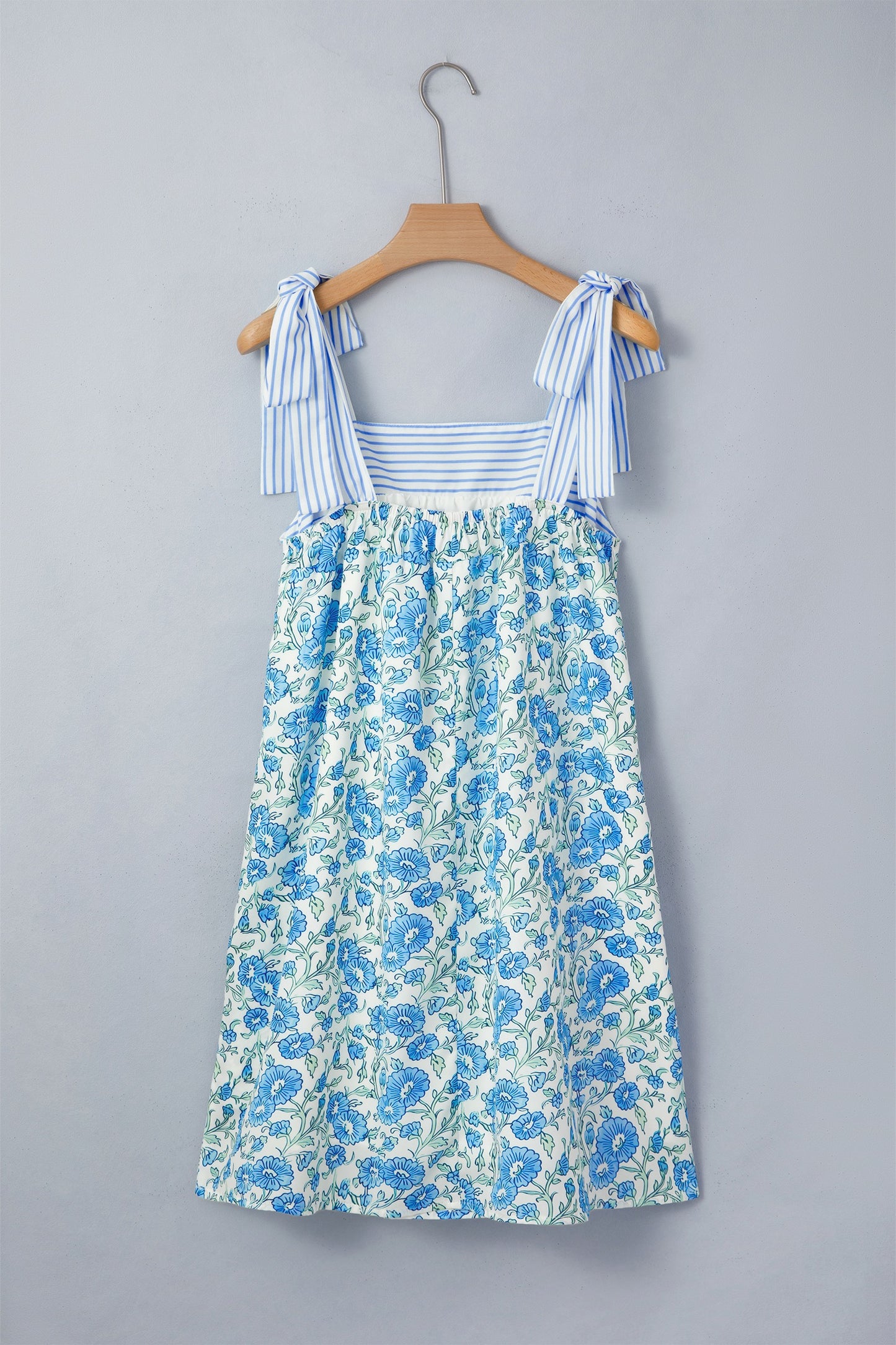 Blue Floral Print Striped Patchwork Bow Knot Straps Dress