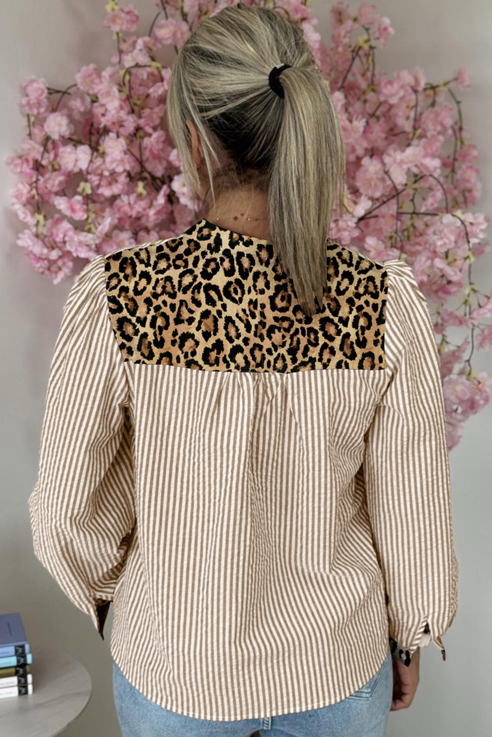 Brown Stripe Leopard Patchwork Long Sleeve Shirt