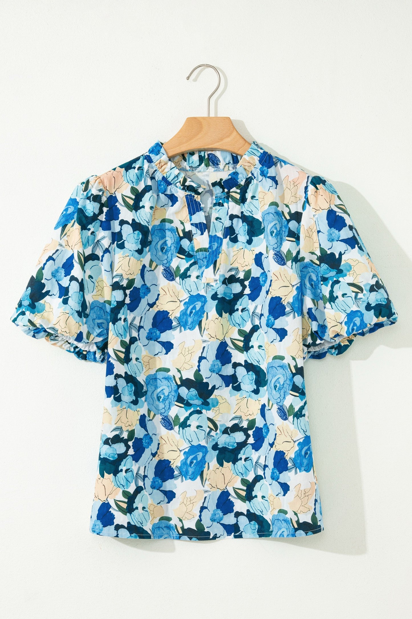 Beige Floral Print Contrasted Frilled Striped Trim Short Sleeve
