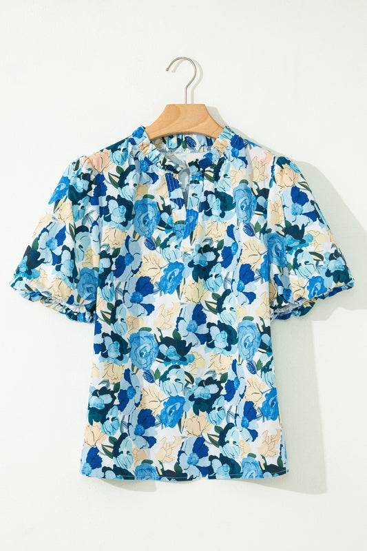 Beige Floral Print Contrasted Frilled Striped Trim Short Sleeve