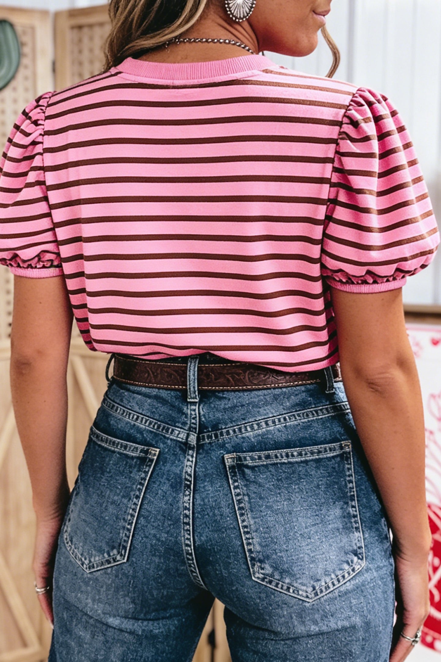 Pink Stripe Striped V-Neck Ribbed Collar Puff Sleeve Top