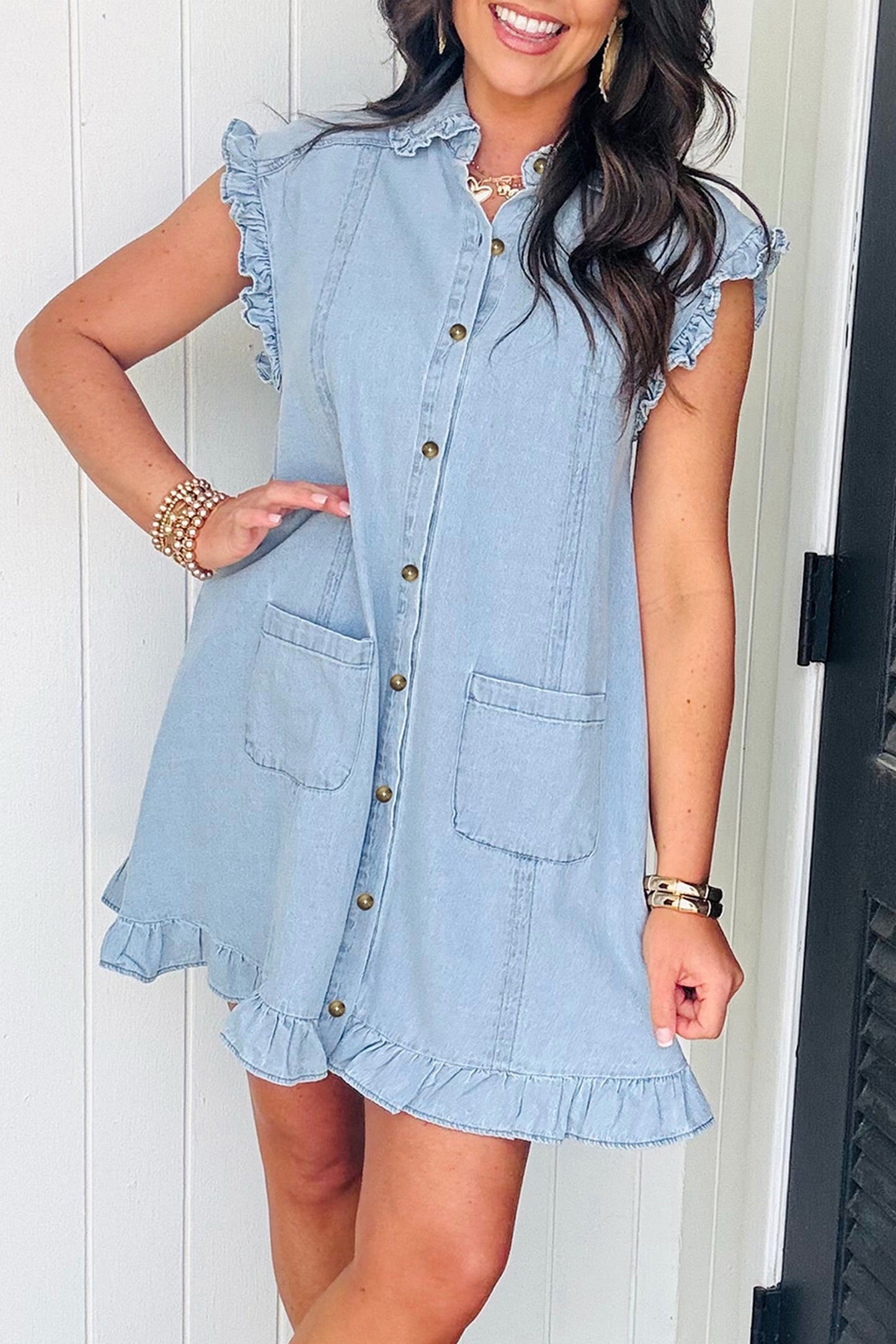 Light Wash Ruffled Edge Collared Shift Denim Dress with Pockets