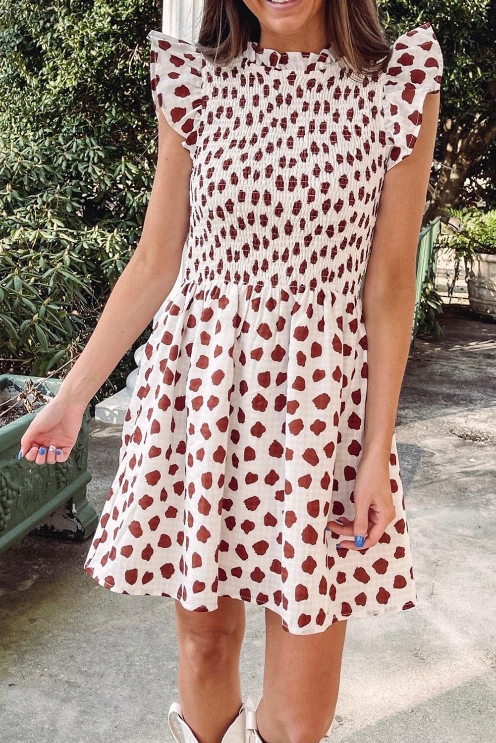 Abstract Brown Flutter Sleeve Dress