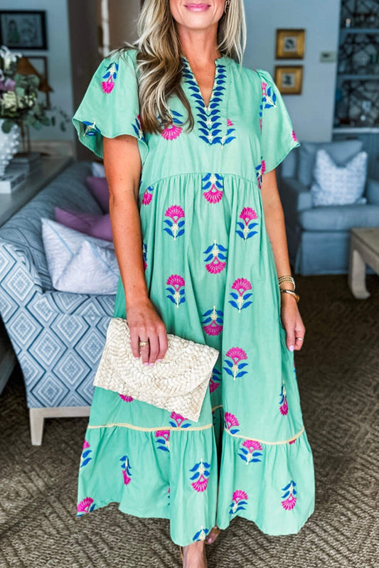 Green Floral Print Notched Neck Butterfly Sleeve Shift Long Dress
