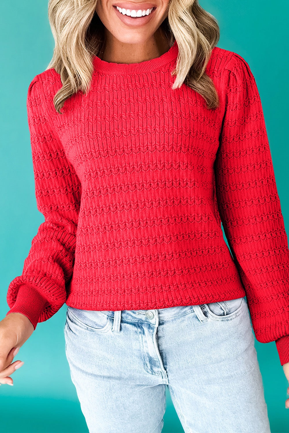 Red Trendy Pattern Knit Ribbed Cuff Crew Neck Sweater
