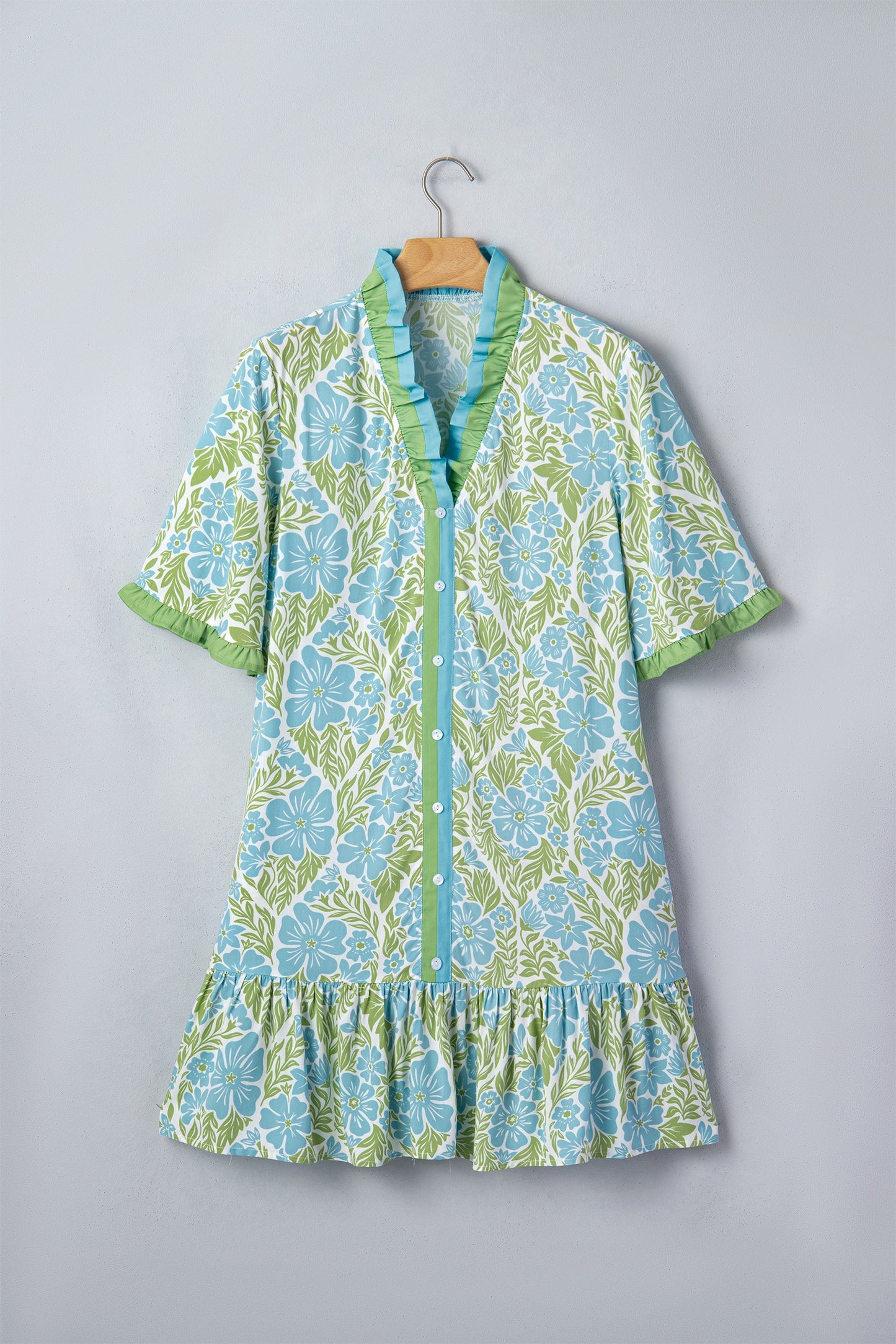 Blue Botanical Floral Print Frilled Trim V Neck Button Front Loose Dress