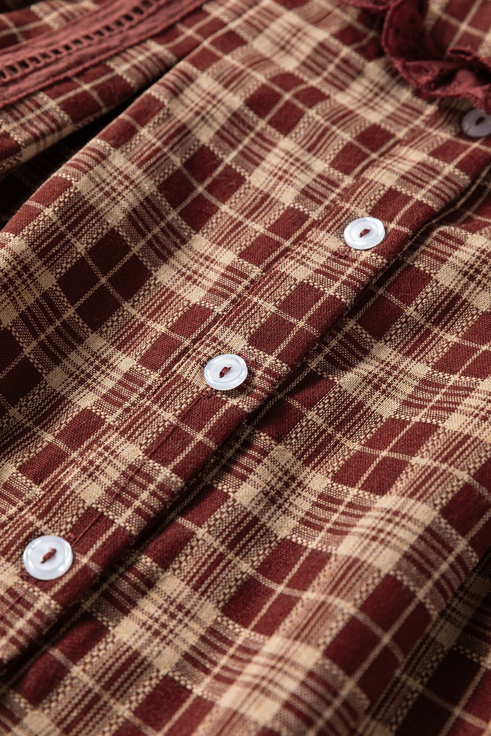 Plaid Eyelet Lace Trim Button Down Loose Long Sleeve Shirt