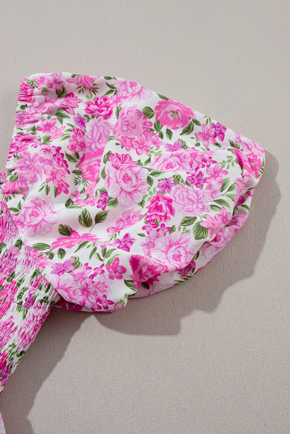 Pink Plus Size Floral Print Smocked Puff Sleeve Maxi