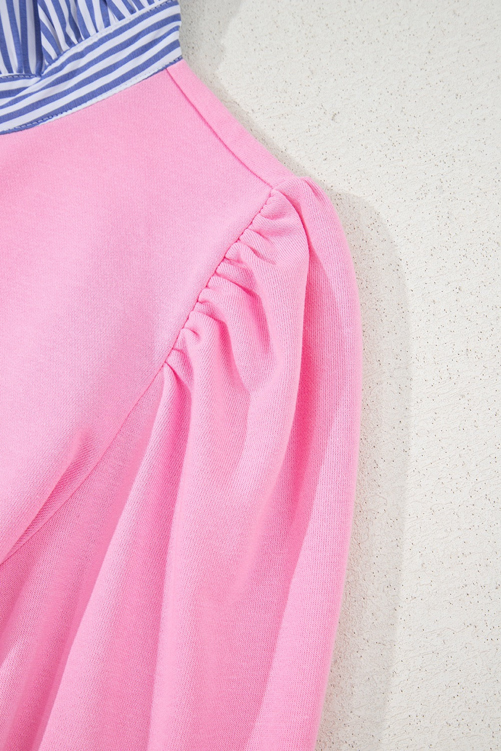 Pink Button Striped Collar Patchwork Puff Sleeve Sweatshirt