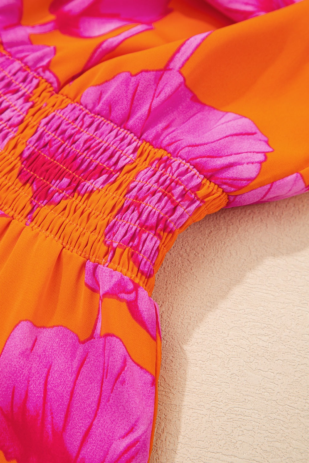 Orange Floral Print Frilly Smocked V Neck 3/4 Sleeve Maxi