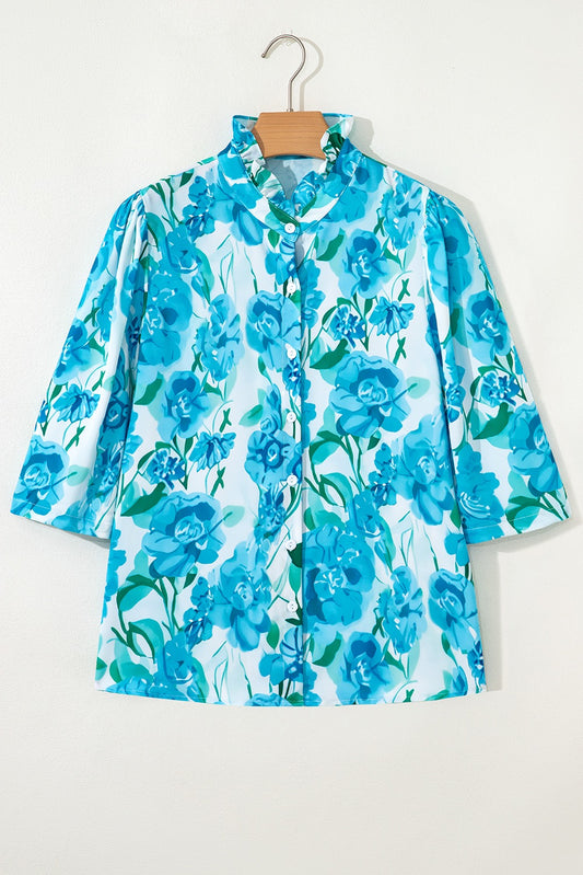 Green Floral Frilled Collar Three Quarters Sleeve