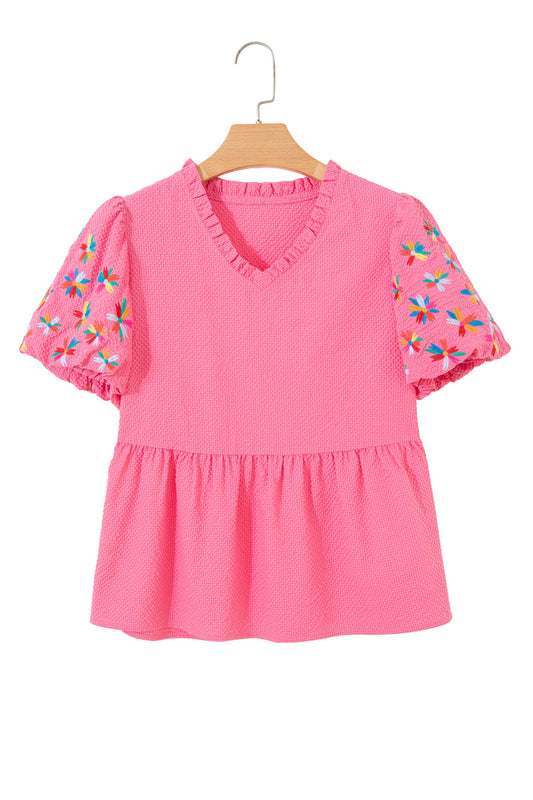 Pink Frilled V Neck Flower Embroidered Puff Sleeve Textured Top