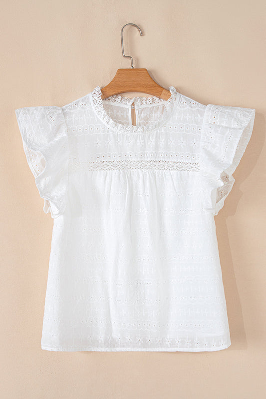 White Lace Neck Flutter Sleeve Eyelet Blouse