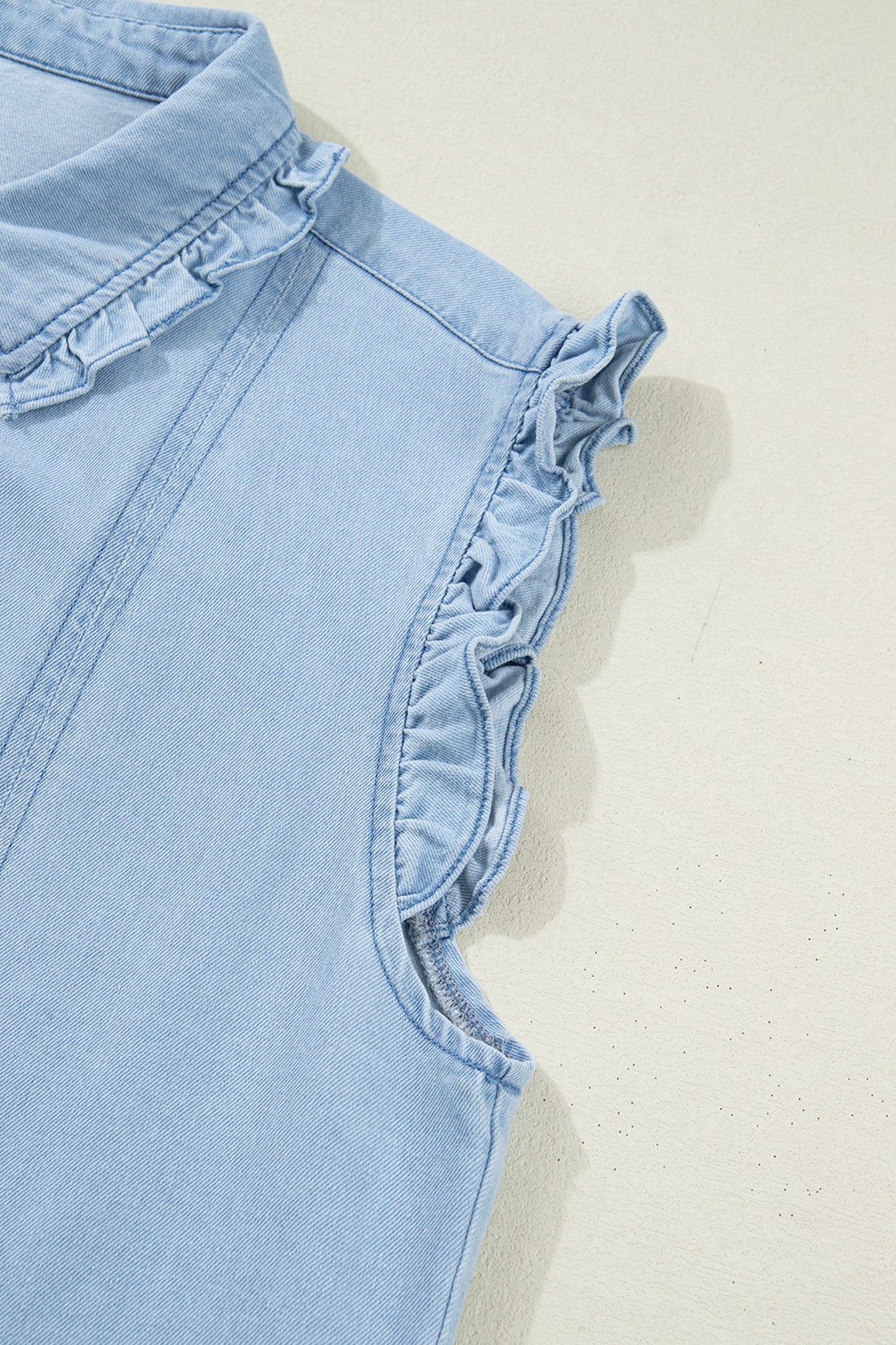 Light Wash Ruffled Edge Collared Shift Denim Dress with Pockets