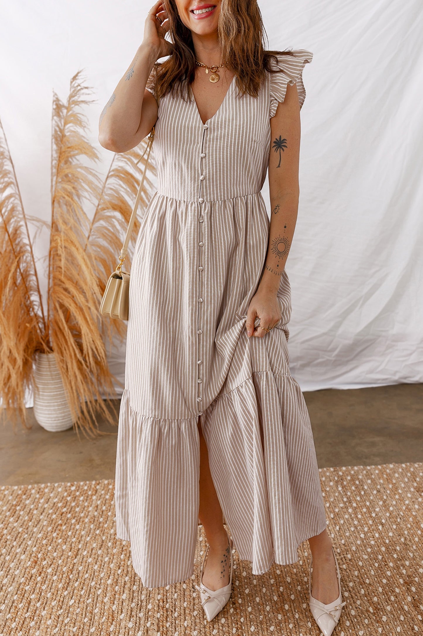 Khaki Stripe Flutter Sleeve Buttoned Front Slit Maxi
