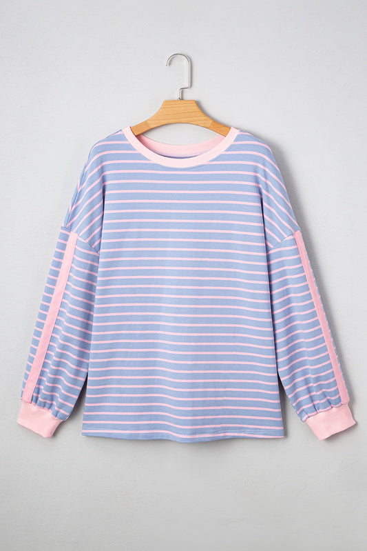 Blue Stripe Oversize Contrast Trim Drop Shoulder Casual Top