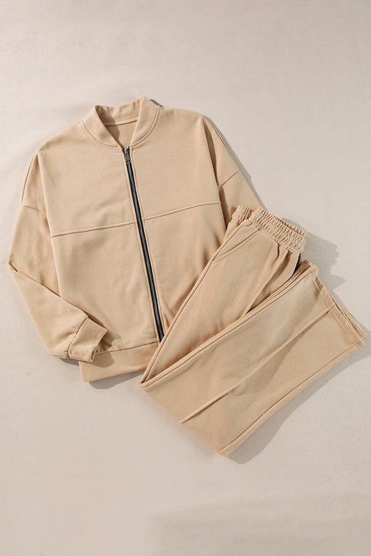 Beige Zippered Jacket and Drawstring Waist Set