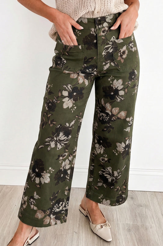 Green Vintage Floral Print Square Patch Pocket Raw Hem Jeans (back ordered to April 5)